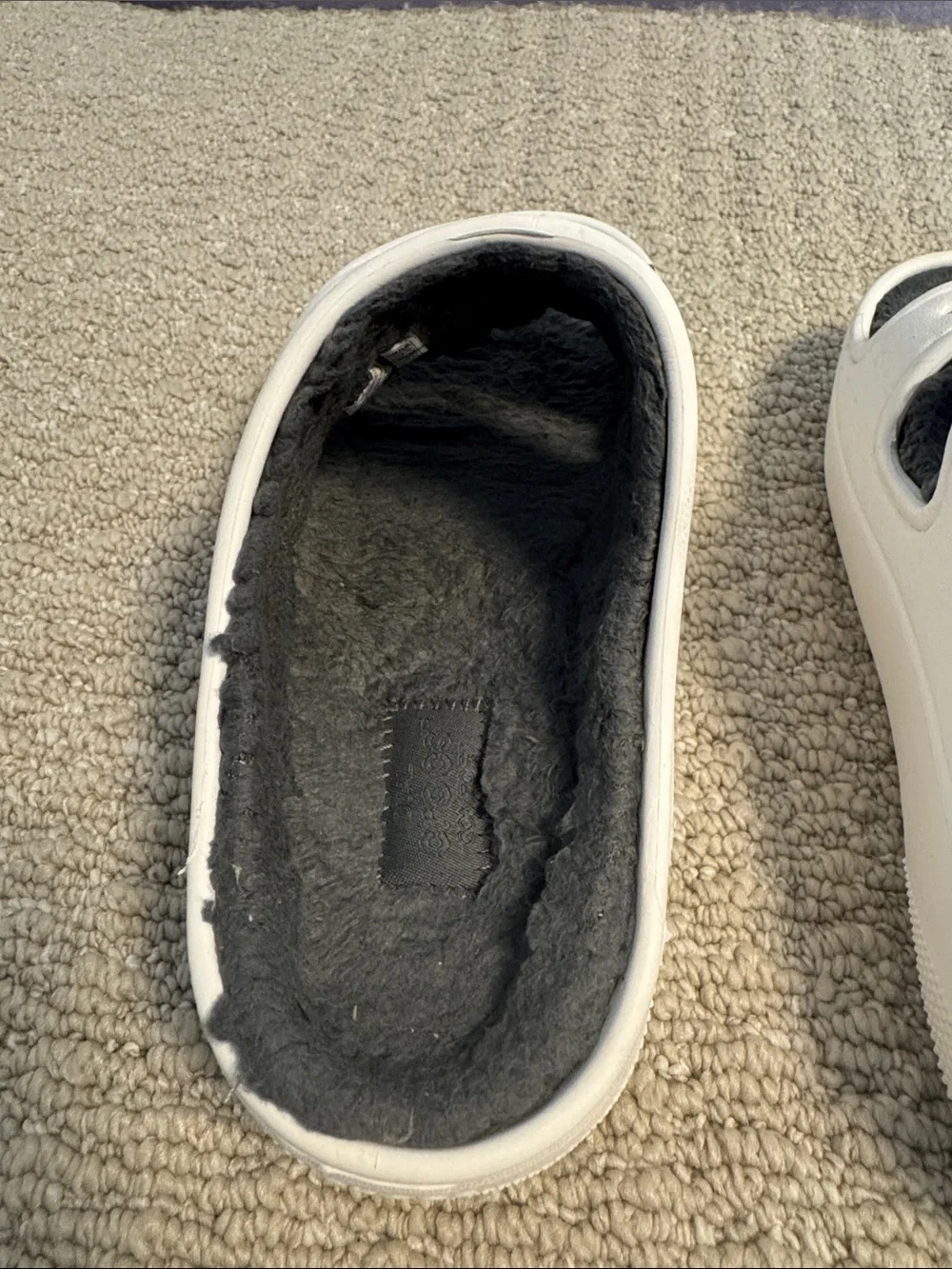 Unisex White Slide Sandals with Gray Fleece Lining